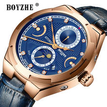 BOYZHE Blue Men Automatic Mechanical Tourbillon Watch Fashion Luxury Brand Leather Calendar Sports Watches Relogio Masculino 2024 - buy cheap