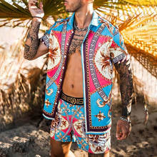 2021 Summer Europe United States Men's New Print Leisure Loose Two-Piece Set Hawaii Beach Suit Male Lapel Short Sleeve+Shorts 2024 - buy cheap