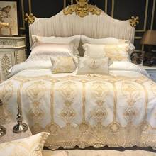 Комплект постельного белья из высококачественного египетского хлопка, 40 широких золотистых кружев, розовый, белый, Королевский размер, простыня 2024 - купить недорого