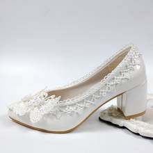 BaoYaFang-zapatos de tacón con flores blancas para mujer, calzado de tacón alto, con cordones, grueso, para vestido de fiesta 2024 - compra barato