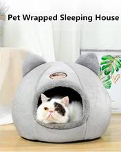 Casa de estimação bonito orelhas de gato semi-fechado inverno quente gato casa do cão mais veludo redondo cão gato dormir cama sofá macio 2024 - compre barato