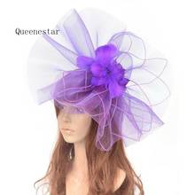 Large Purple Flower Fascinator Hat Hair Clip Fashion Women Striped Mesh Feather Headwear kentucky derby Ladies Hair Accessories 2024 - buy cheap
