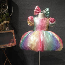 Traje brilhante de arco-íris com lantejoulas, vestidos para festa de aniversário de bebê e menina, na altura do joelho, roupas infantis de princesa com chapéu 2024 - compre barato