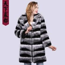 Natural chinchilla Rex Rabbit fur coat jacket long overcoat hooded striped outerwear coats 2019 women's winter clothing 2024 - buy cheap