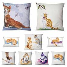 Almohada decorativa para el hogar, cojín con estampado Pastoral de gatos anaranjados, pintura de acuarela, sofá 2024 - compra barato