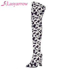 Lasyarrow-botas longas femininas, sapatos de salto alto grosso, bico fino, sapatos de clube sexy, coxa alta sobre o joelho, botas 2024 - compre barato