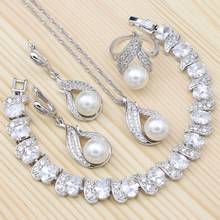 Fire 925-Conjunto de joyería de circonia cúbica para mujer, conjunto de pulsera, pendientes, anillo, colgante, cadena de collar, Perla blanca 2024 - compra barato