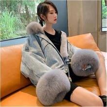 2021 new Winter Jacket Removable Denim Parka Women Cuffs Rabbit Lining Real Fox Fur Collar Warm Loose Outerwear 2024 - buy cheap