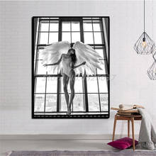 Menina anjo na janela cartaz preto e branco pena paisagem pintura da lona cartaz da arte da parede para sala de estar decoração casa 2024 - compre barato