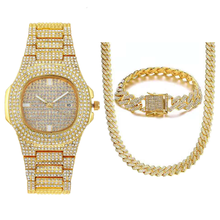 Rapper Hip Hop Cuban Chain Gold Sliver Color Iced Out Watches Paved Rhinestone Gold Necklace for Men Women African Jewelry Set 2024 - buy cheap