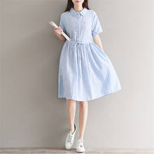 Женское летнее платье в полоску Mori Girl, голубое милое платье в стиле Питера Пэна с воротником, на шнуровке, хлопковое льняное свободное винтажное платье с коротким рукавом 2024 - купить недорого