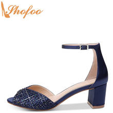 Navy Blue Crystal High Chunky Heels Woman Sandals Open Toe Large Size 14 15 Lady Fashion Ankle Strap Buckle Mature Shoes Shofoo 2024 - buy cheap