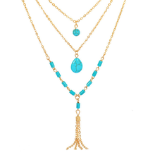 Popular Light Yellow Gold Color Geometric Layer Green Turquoises Stone Pendant Link Chain Necklace for Women Jewelry 2024 - buy cheap