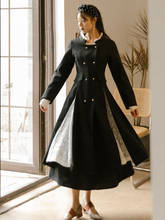 Зимнее кружевное шерстяное пальто Patcwork, женское приталенное пальто с длинным рукавом, высокой талией и круглым вырезом, винтажные черные женские пальто для офиса, Женское пальто 2024 - купить недорого
