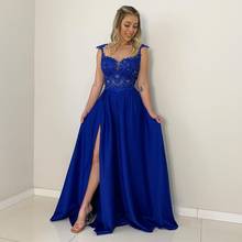 Royal Blue Long Formal Evening Dresses Side Slit Scoop Satin Appliques Lace Prom Party Gowns Sheer Back vestidos formales 2024 - buy cheap