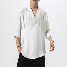 #0578 летняя черно-белая куртка-кимоно для мужчин с v-образным вырезом, уличная куртка-кардиган в стиле хип-хоп, мужская одежда с вышивкой, свободная, плюс размер 5XL 2024 - купить недорого