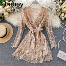 Design Mesh Short Dress Women V Neck Long Sleeve Lace up A-line Dresses Autumn Korean Fashion Sexy Sequins Party Dress 2024 - buy cheap