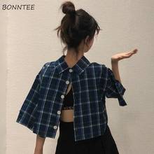 Camisas a cuadros para mujer, Top de botonadura simple azul, estilo japonés, elegante, ajustado, Kawaii, moda Harajuku, estudiantes universitarios, Top femenino 2024 - compra barato