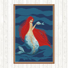 Red-haired Mermaid Patterns Kit Cross Stitch Kits Cotton Thread Embroidery Needlework Sets Wall Home Decor DIY Needlework Crafts 2024 - buy cheap