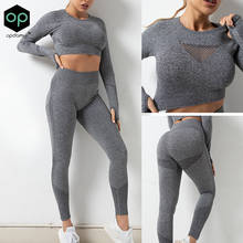 Outono/inverno das mulheres esportes apertados-encaixe correndo respirável sem costura yoga conjunto de mangas compridas superior + cintura alta leggings fitness terno 2024 - compre barato