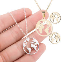 gold stainless steel world map necklaces womens fashion chains circle pendant large jewelry on the neck Steel color necklace set 2024 - buy cheap