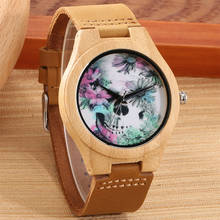 Reloj de pulsera de madera de bambú para hombre, cronógrafo con diseño de calavera y flores, de cuero genuino, estilo Punk, informal 2024 - compra barato