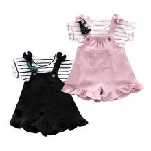Baby Kids Summer New Sling Suit Round Neck Striped Top + Shorts 2PCS Set Cute Girl 2021 Energetic Pocket Solid Color Outfit 2024 - buy cheap