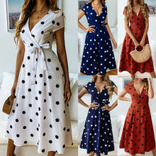 Fashion Casual Women Summer Boho Long Midi Dress Evening Party Beach Dresses Polka Dot Short Sleeve V NeckDress 2024 - buy cheap