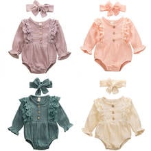 Adorável roupa infantil feminina outono macacão plissado sólido manga longa com renda roupa body 0-24 meses 2024 - compre barato