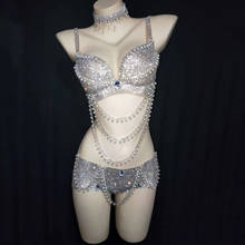 Luxury Shining Silver Or Gold Crystals Pearl Chain Bikini Three-Piece Set Bar Performance Outfit DJ Singer Dance Stage Wear 2024 - buy cheap