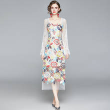 2021 New Fashion Designer Runway Spring Vintage Mesh Midi Dress Women Flare Sleeve Lace Embroidery Flower Party Dresses 2024 - buy cheap
