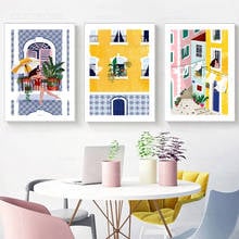 Póster de chica de Lisboa para decoración del hogar, cuadro de lona con planta de ventana, calle de ciudad, arte de pared, imagen de viaje amarilla para sala de estar 2024 - compra barato