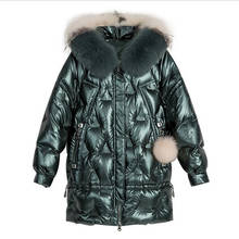 Jaqueta de inverno de pato feminina, casaco com capuz e gola de pele de raposa, almofadado, coreana brilhante para mulheres, jaquetas parka 2024 - compre barato