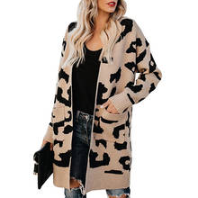 Элегантный женский свитер с леопардовым принтом, Свободный вязаный длинный свитер большого размера с открытой строчкой, женские модные кардиганы 2019, MMY001 2024 - купить недорого