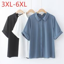 Nova blusa feminina de chiffon plus size, camisa azul solta de manga curta para mulheres, casual 4xl 5xl 6xl verão 2021 2024 - compre barato