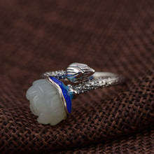 Anel de esmalte jade natural fnj, anel de prata 925 original pura s925, joias femininas com flor ajustável aberta 2024 - compre barato