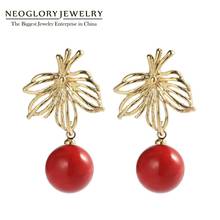 Neoglory Anti Allergy Hollow Leaf  Gold Color Dangle Earrings Red Beads Korean Baroque Golden Earrings Girl Party Jewelry Gift 2024 - buy cheap