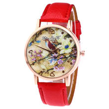 Reloj de cuarzo Retro para mujer, cronógrafo con correa de cuero de imitación, esfera redonda, estampado de flores y pájaros de primavera LL @ 17 2024 - compra barato