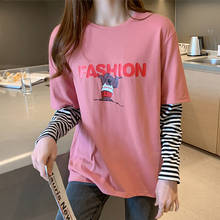 2022 Autumn 100% Cotton T Shirt Women Long Sleeve Print Letter Tops Tee Shirt Female Splicing Fake Two Pieces Casual TShirts 2024 - buy cheap
