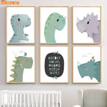 Quadros de dinossauro para crianças, tela de desenho animado fofo para bebês nórdico, posteres e impressões, arte na parede, pintura de fotos para quarto 2024 - compre barato