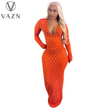 VAZN 2021 Spring High-end Hollow out Popular Solid Sexy Club Full Sleeve Soft Elastic Women's Skinny High Waist Maxi Dress 2024 - buy cheap
