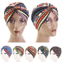 Indian Women Printed Turban Cap Cross Muslim Hat Pleated Headscarf Cover Female Bandanas Headwear Hijab Beanie Bonnet Hair Loss 2024 - buy cheap