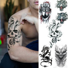 Tatuagem falsa death skull, adesivo preto dragão lobo tigre tatuagem temporária para homens mulheres crianças 3d à prova d'água decalque tatoos 2024 - compre barato