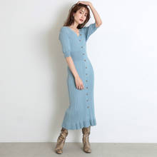 Japanese Style Elegant Temperament Dress Women V-neck Half Sleeve Slim Fit Knit Dresses A-Line Soft Chic Button Femme Vestidos 2024 - buy cheap