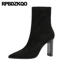 Camurça bloco preto tornozelo grosso grosso verde designer sapatos femininos de luxo 2019 deslizamento na queda moda apontou toe sandálias botas curtas 2024 - compre barato