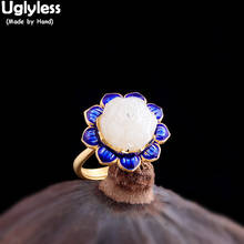 Anéis de lótus azul esmaltados ugliless, anéis com pedras preciosas naturais para mulheres, flor de jade, ouro aberto, prata 925, joia fina r945 2024 - compre barato