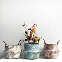 Cesto de vime artesanal, cesta para roupa dobrável, canudo, patchwork, alga marinha listrada, cesta de flores 2024 - compre barato