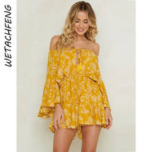 Amarelo boho sexy playsuits verão floral impressão babados macacão para mulher uma peça 2021 topo longo sleev macacão shorts roupas 2024 - compre barato