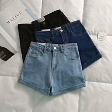 Estilo coreano botão sólido denim shorts feminino sexy cintura alta denim shorts feminino simples algodão a-line ampla perna shortss mulher 2024 - compre barato