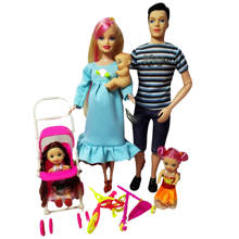 Игрушки Семья 5 человек куклы костюмы 1 мама/1 Папа/2 маленькая Келли девочка/1 ребенок сын/1 Детские коляски реального Беременная кукла подарки, YF-88 2024 - купить недорого